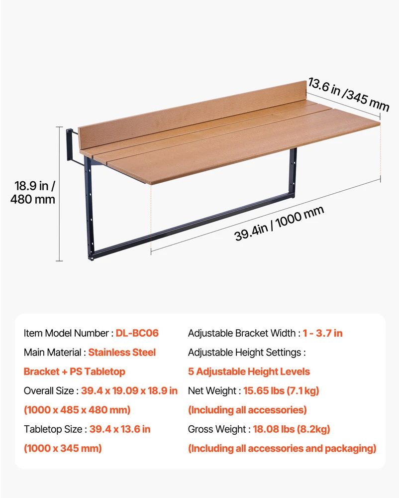 VEVOR Balkono kabantis stalas 100 x 34 cm