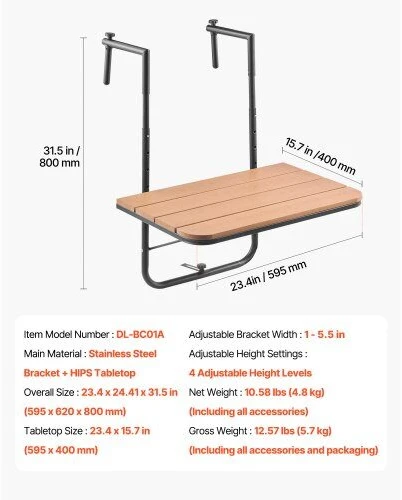 VEVOR balkono pakabinamas stalas 60 x 61 cm