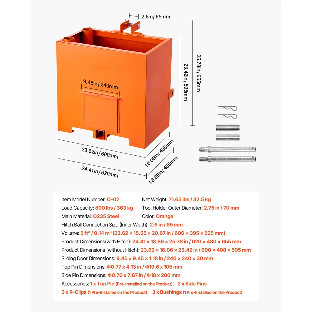 VEVOR Traktoriaus balastinė dėžė, 3 taškų, 363 kg, oranžinė