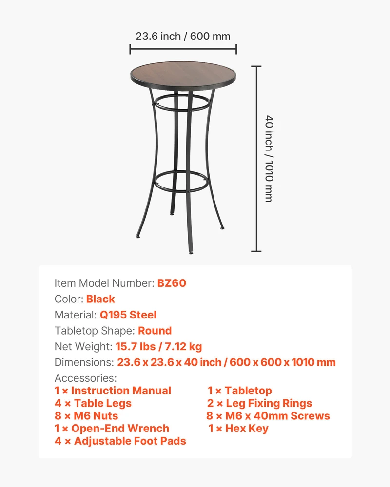 VEVOR lauko apvalus baro stalas, 60 cm aukščio