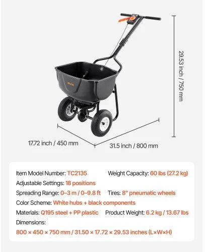 VEVOR Rankinis skleidėjas su tinkleliu, 27,2kg talpa