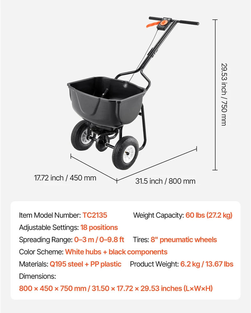 VEVOR Rankinis skleidėjas su tinkleliu, 27,2kg talpa