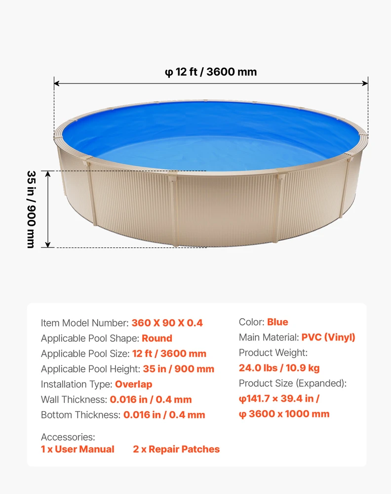 VEVOR 365,7 cm apvalus baseino įklotas 90 cm aukščiui