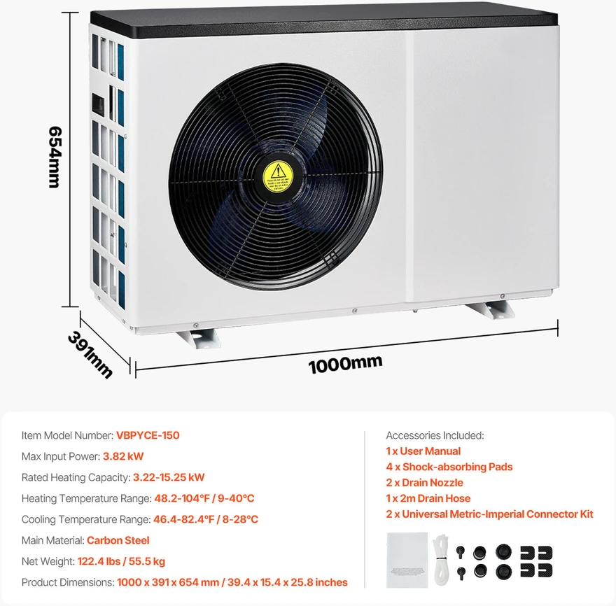 VEVOR Elektrinis baseino šilumos siurblys 3.22–15.25 kW