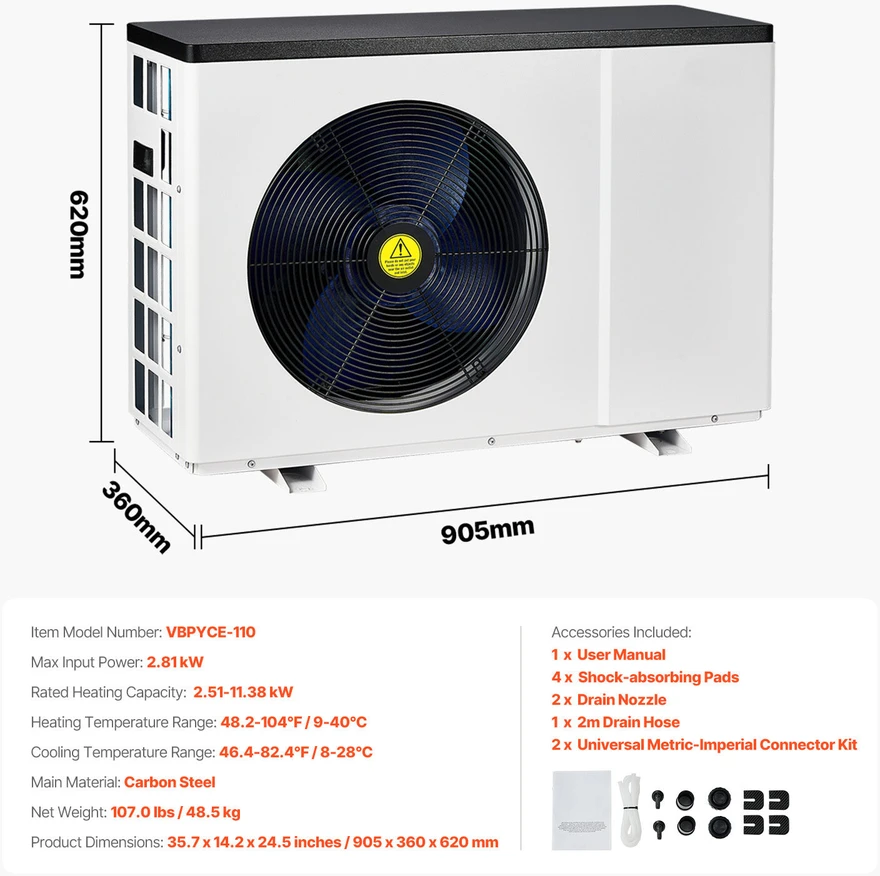 VEVOR Elektrinis baseino šilumos siurblys 2.51-11.38 kW