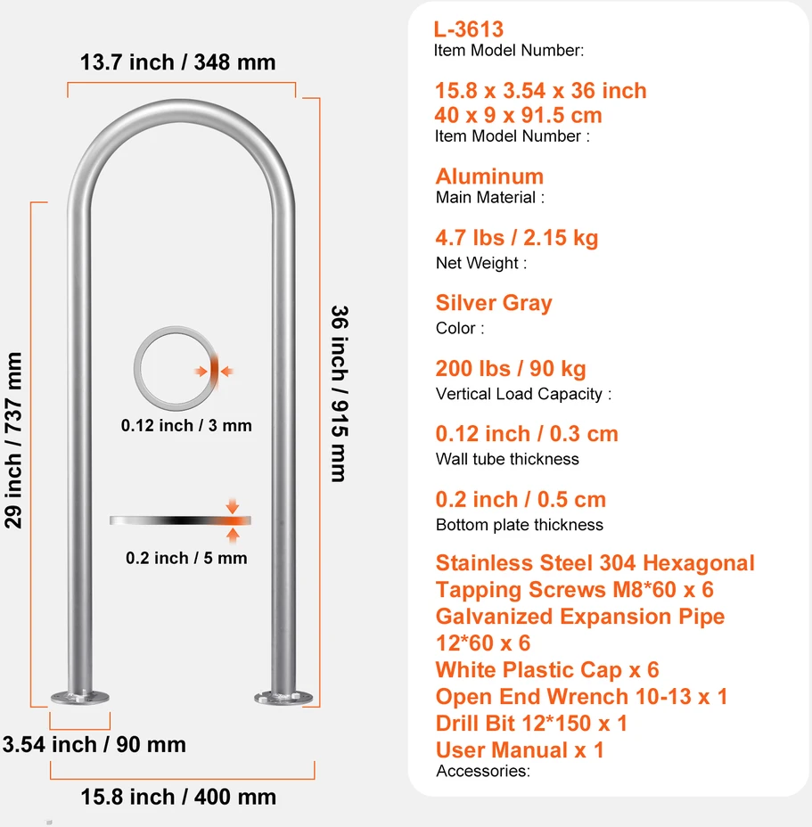 VEVOR Baseino turėklas 91 x 33 cm su tvirtinimu