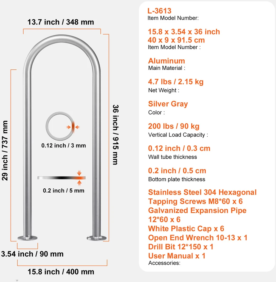 VEVOR Baseino turėklas 91 x 33 cm su tvirtinimu