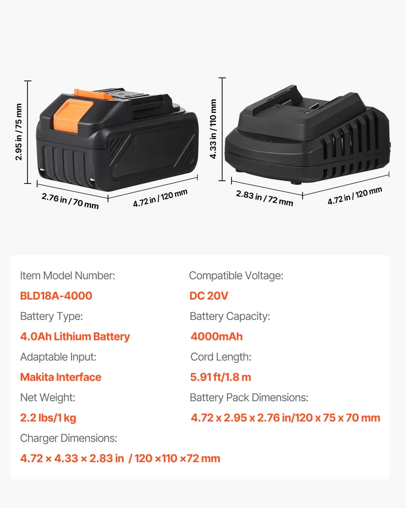 VEVOR 20V max baterija ir įkroviklis 4.0 Ah