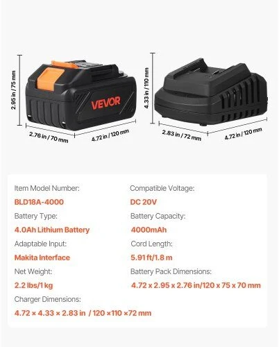 VEVOR 20V max baterija ir įkroviklis 4.0 Ah
