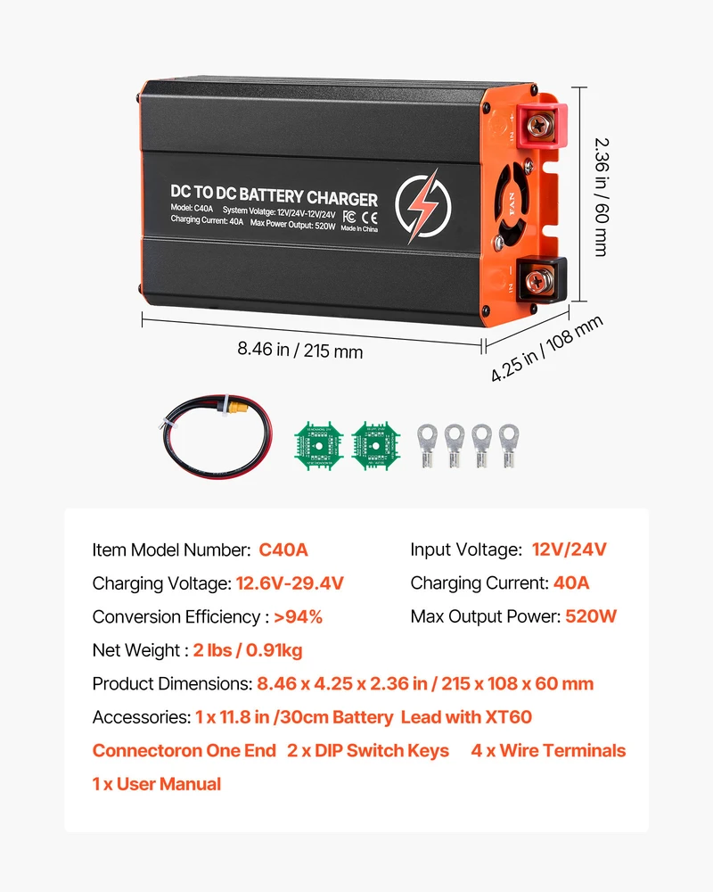 VEVOR DC į DC akumuliatoriaus įkroviklis 520W 40A