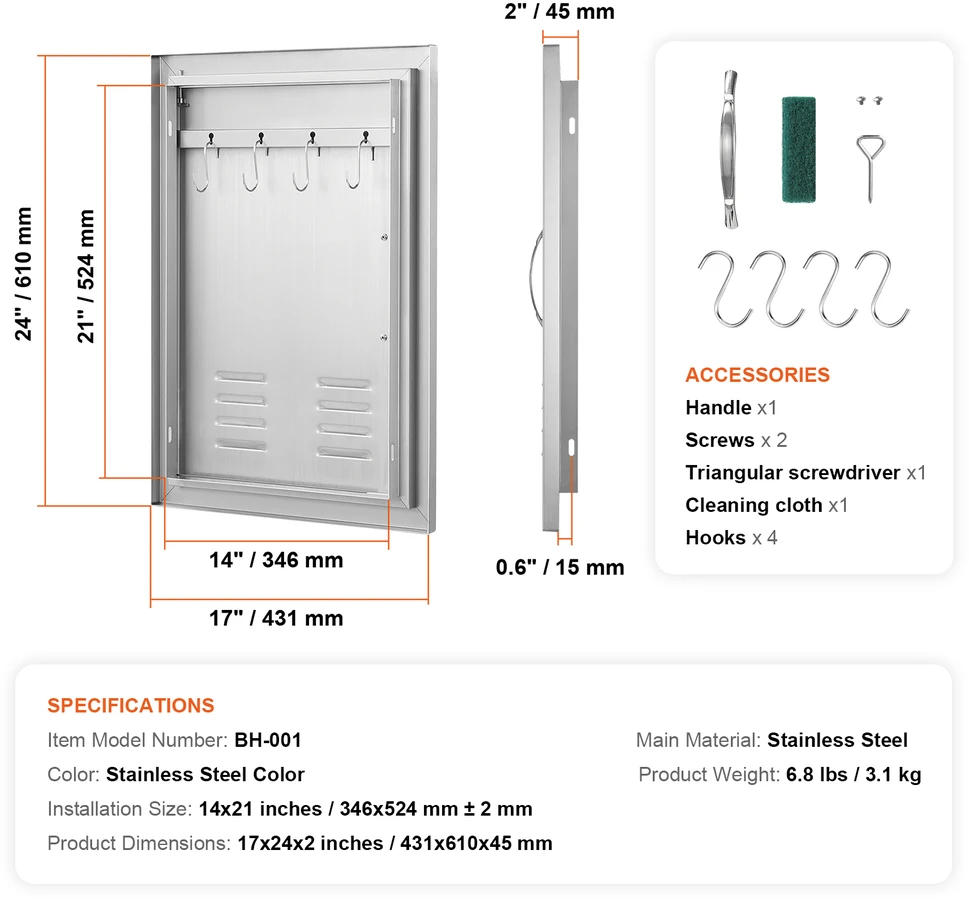 VEVOR nerūdijančio plieno 610x431 mm BBQ durys