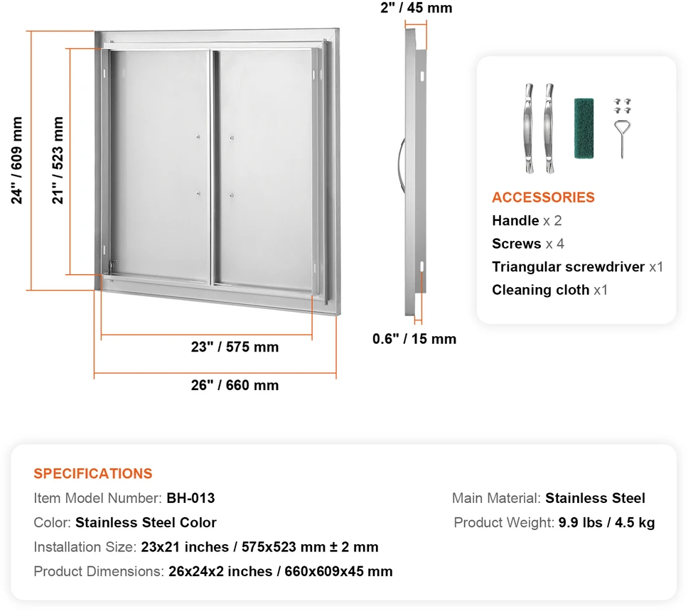 VEVOR 660x609 mm nerūdijančio plieno lauko durelės