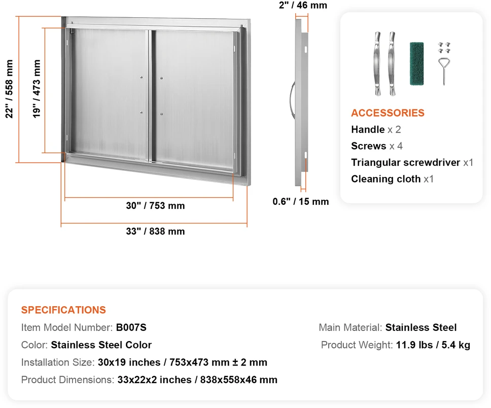 VEVOR Nerūdijančio plieno BBQ prieigos durys 838x558 mm
