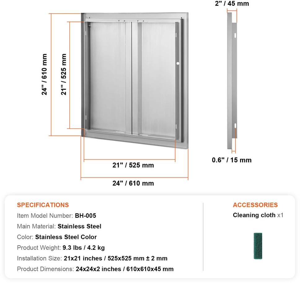 VEVOR Lauko virtuvės durys 610x610 mm, nerūdijančio plieno