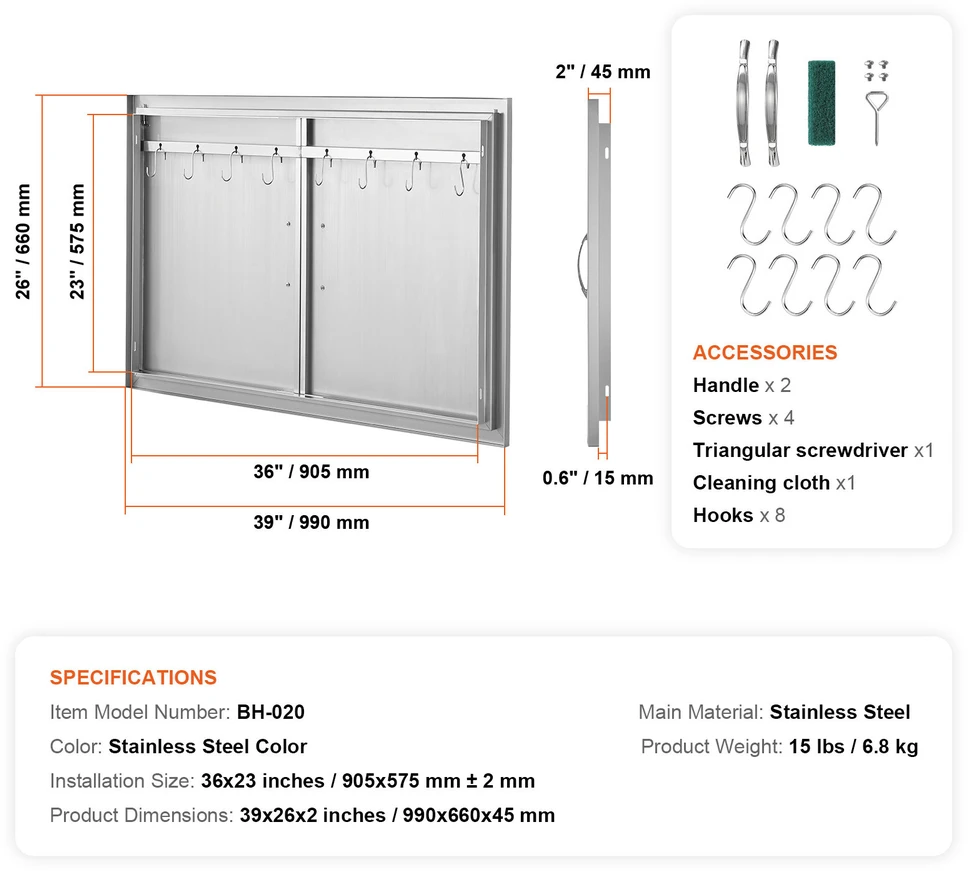 VEVOR 990x660 mm lauko virtuvės durys iš nerūdijančio plieno