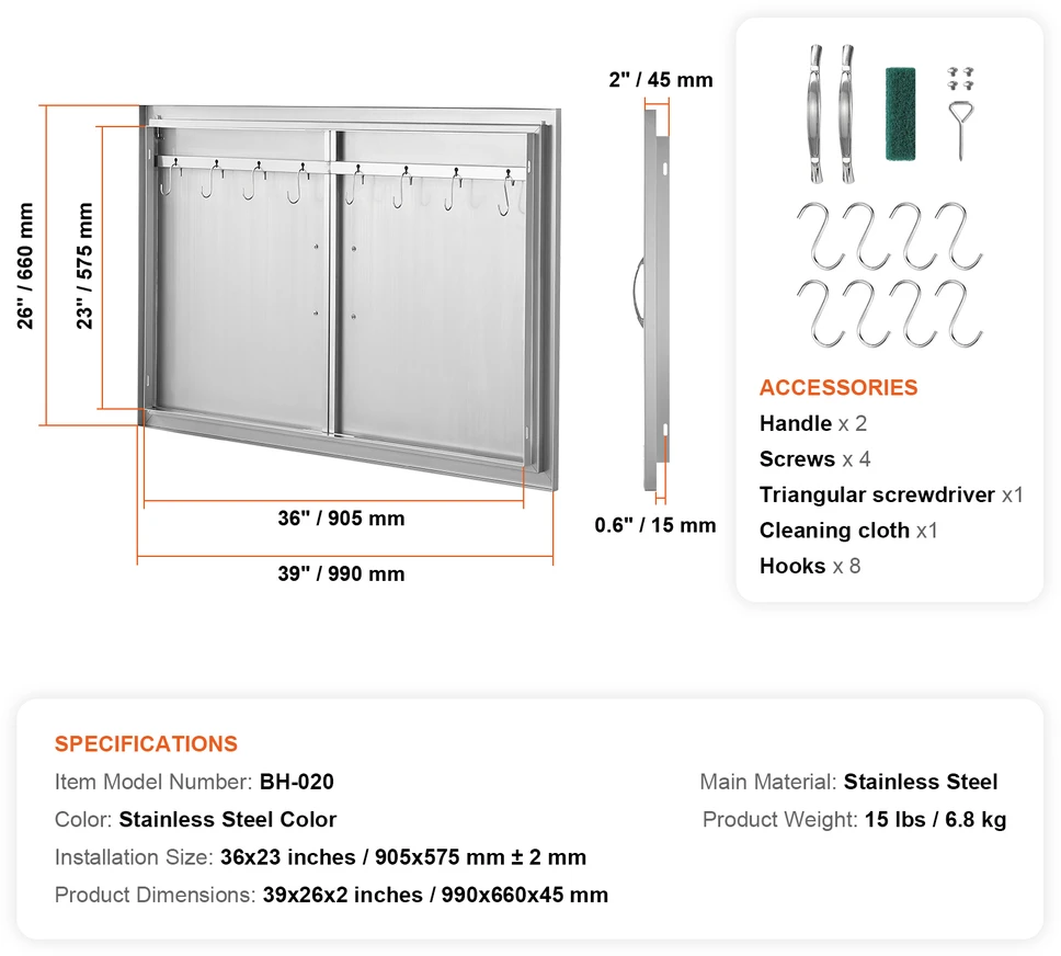 VEVOR 990x660 mm lauko virtuvės durys iš nerūdijančio plieno
