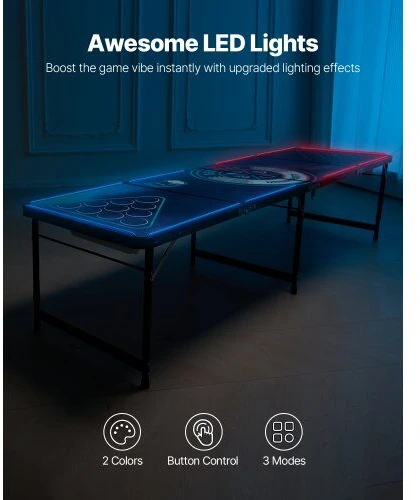 VEVOR Nešiojamas 2,4 m beer pong stalas su LED