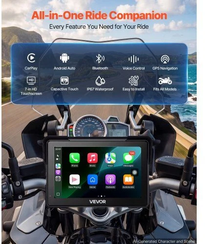VEVOR 7 colių belaidė motociklų CarPlay sistema