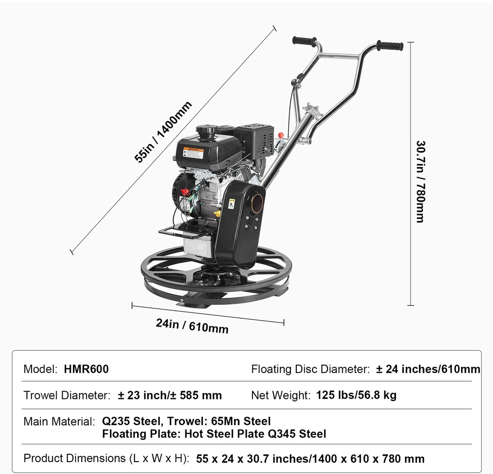 VEVOR Cemento glaistyklė 61 cm 4,5 kW su plūdine plokšte