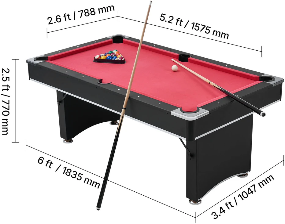 VEVOR Biliardo stalas 183 cm, juodas su raudonu audiniu
