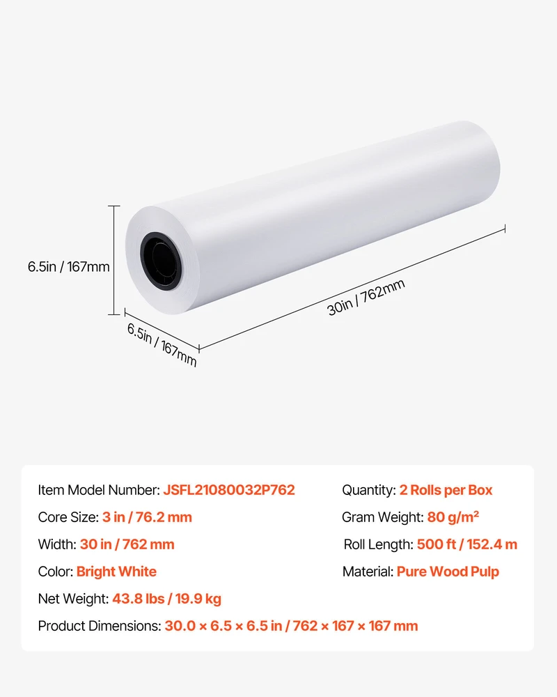 VEVOR Plačiaformatė 762 mm x 152.4 m braižytuvų popieriaus rulonai