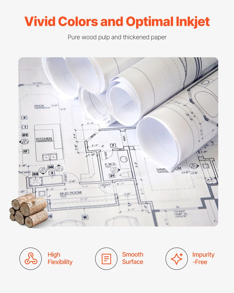 VEVOR Plačiaformatė 762 mm x 152.4 m braižytuvų popieriaus rulonai