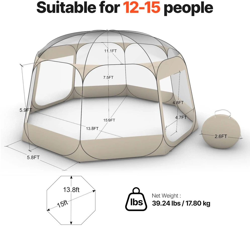 VEVOR Skaidri burbulinė palapinė, 4.58 x 4.32 m, 12-15 asmenims