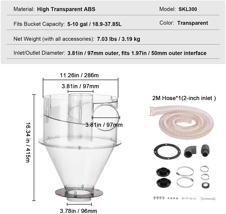 VEVOR Cikloninis dulkių separatorius 4" 18.9-37.85L talpai