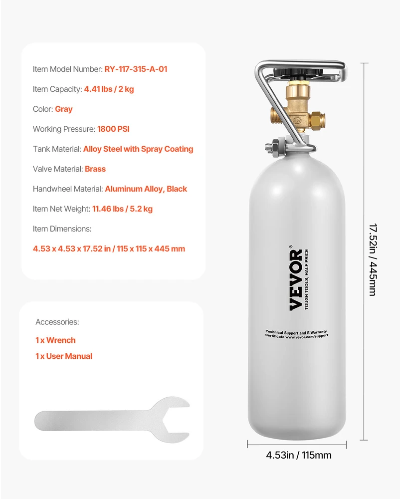VEVOR CO2 balionas su DIN477 vožtuvu, 2kg