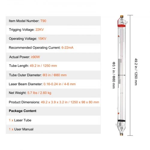 VEVOR 90W CO2 lazerio vamzdis 1250 mm