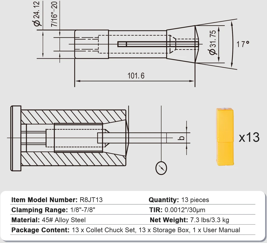 VEVOR 13 dalių R8 frezos rinkinys 3-22 mm