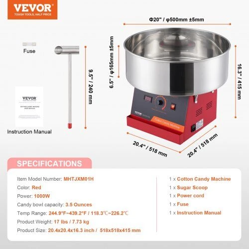 VEVOR Elektrinis cukraus vatos aparatas, 1000W, komercinis, su dubeniu
