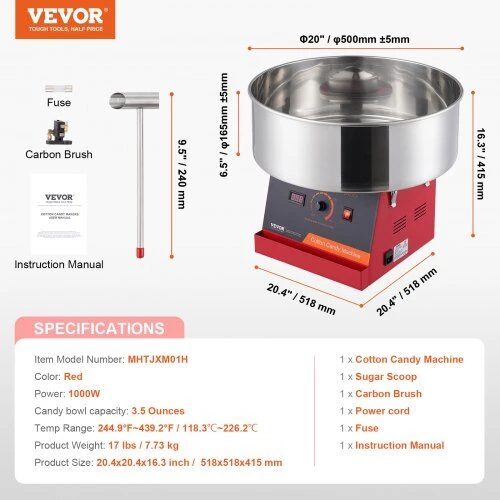 VEVOR Elektrinis cukraus vatos aparatas, 1000W, komercinis, su dubeniu