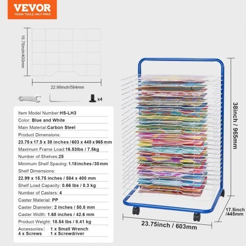 VEVOR mėlyna meno džiovinimo lentyna 25 lentynos su ratais