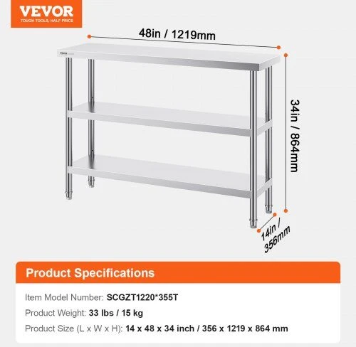 VEVOR Nerūdijančio plieno maisto ruošimo stalas 35,6x121,9 cm