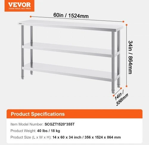 VEVOR Nerūdijančiojo plieno maisto ruošimo stalas 35x152 cm