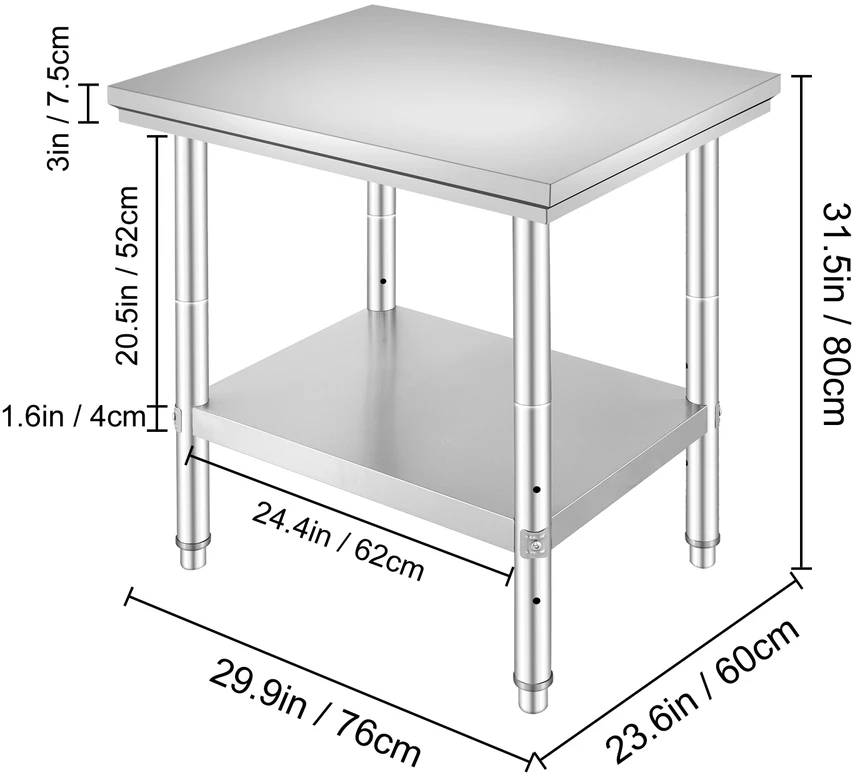 VEVOR Nerūdijančio plieno virtuvės darbo stalas 60x76x80 cm