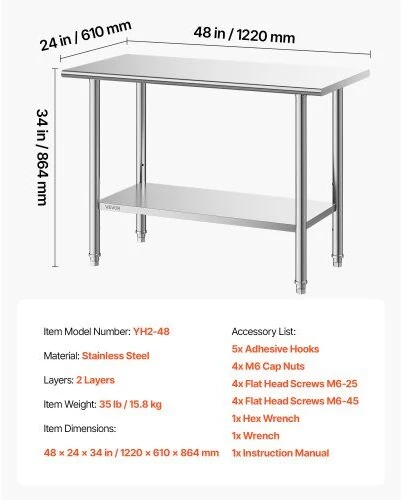 VEVOR Nerūdijančio plieno darbo stalas 61x122 cm