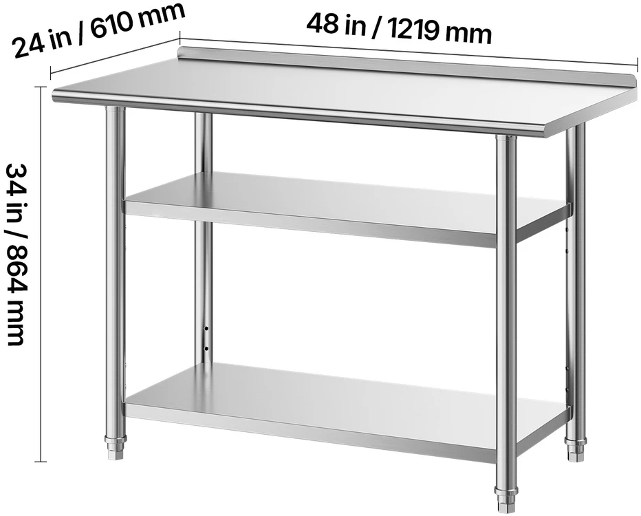 VEVOR Nerūdijančio plieno darbastalis 61x122 cm su 2 lentynomis