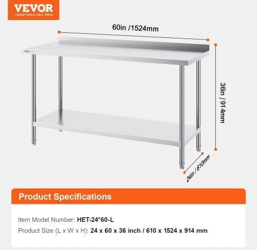 VEVOR Nerūdijančio plieno darbastalis virtuvei 61x152cm