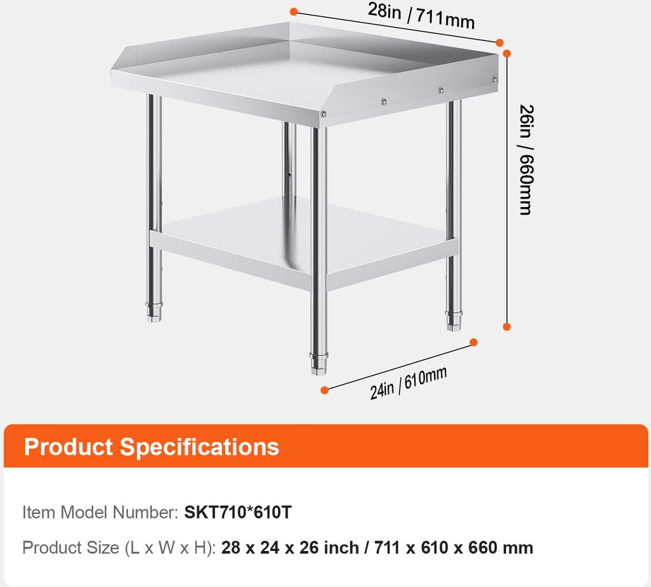 VEVOR Nerūdijančio plieno darbinis stalas restoranui 61x71 cm