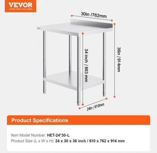 VEVOR Nerūdijančio plieno darbastalis virtuvėje 61x76 cm