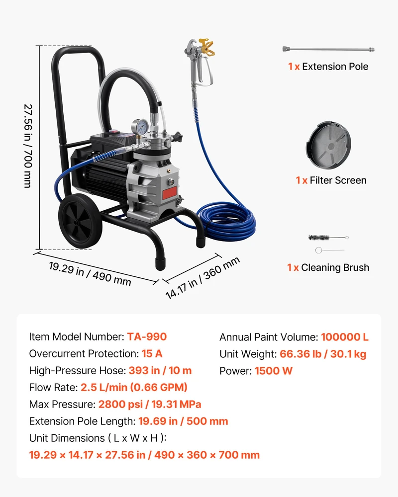 VEVOR Elektrinis beoris dažų purkštuvas 1500 W, 2800 psi