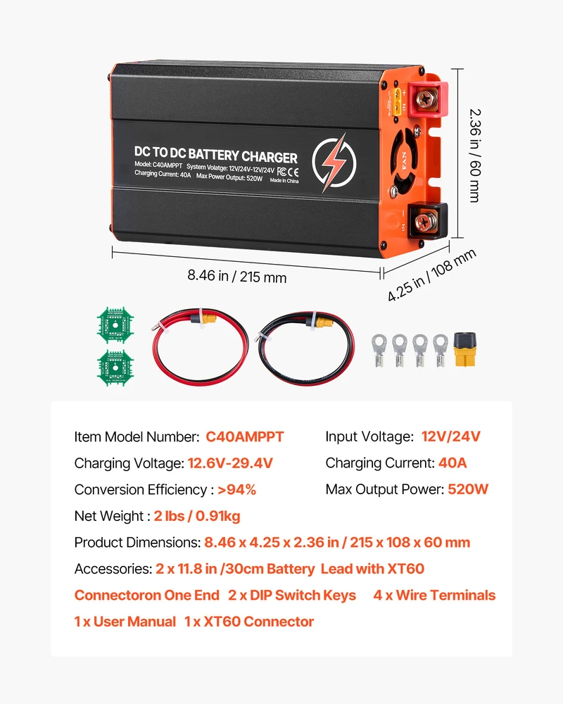VEVOR DC į DC įkroviklis su MPPT, 520W, 40A