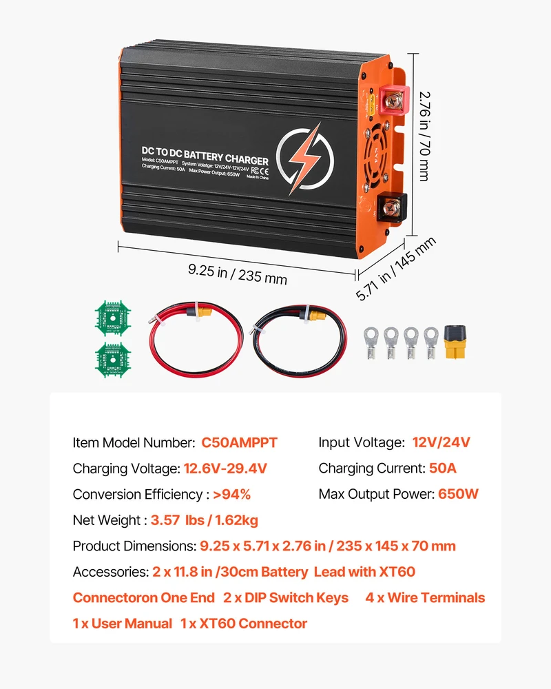 VEVOR DC į DC įkroviklis su MPPT, 650W, 50A