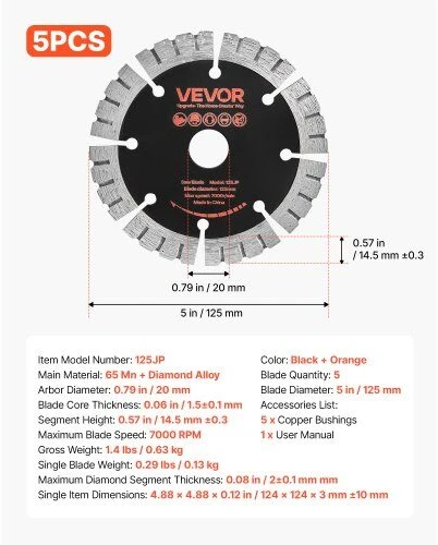 Deimantiniai pjovimo diskai VEVOR 125JP, 125 mm