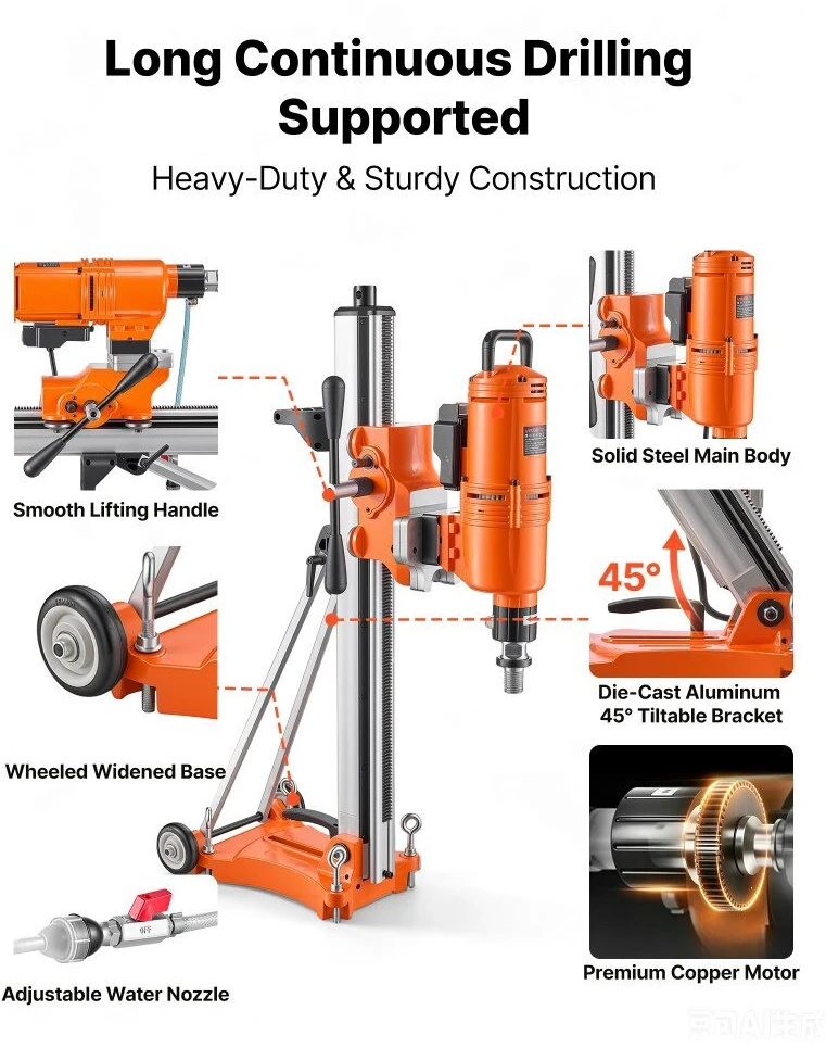 Vevor Deimantinio grąžto gręžimo mašina, sausas/šlapias, 20-450 mm skersmuo, iki 4500W, su pakreipiamu stovu