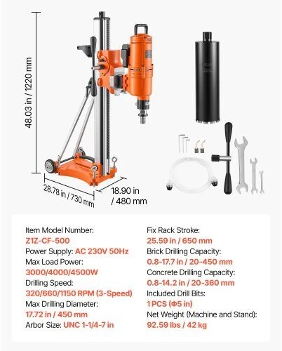 Vevor Deimantinio grąžto gręžimo mašina, sausas/šlapias, 20-450 mm skersmuo, iki 4500W, su pakreipiamu stovu