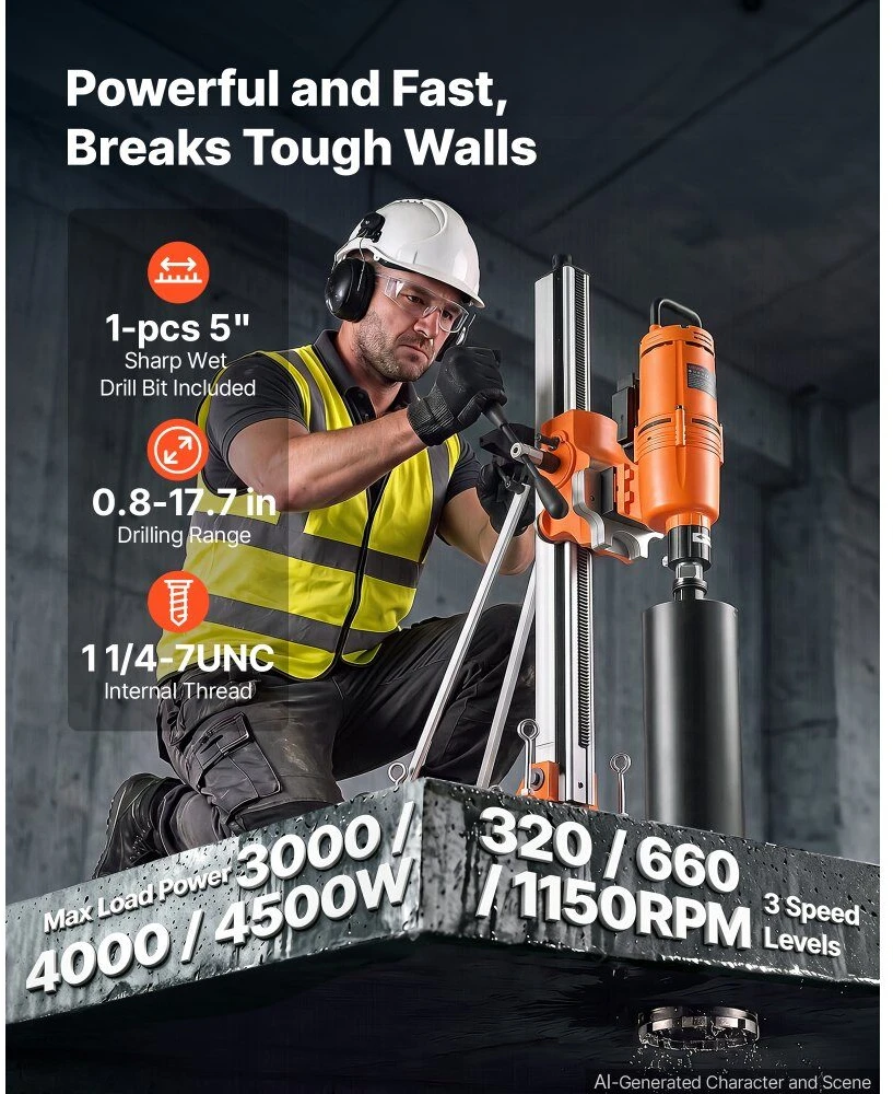 Vevor Deimantinio grąžto gręžimo mašina, sausas/šlapias, 20-450 mm skersmuo, iki 4500W, su pakreipiamu stovu