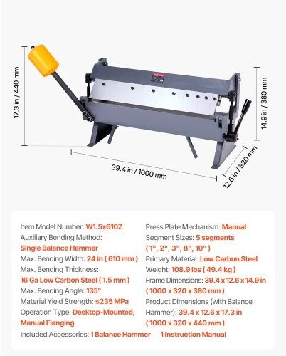 VEVOR Lakštų lenkimo staklės, 610 mm, plieno